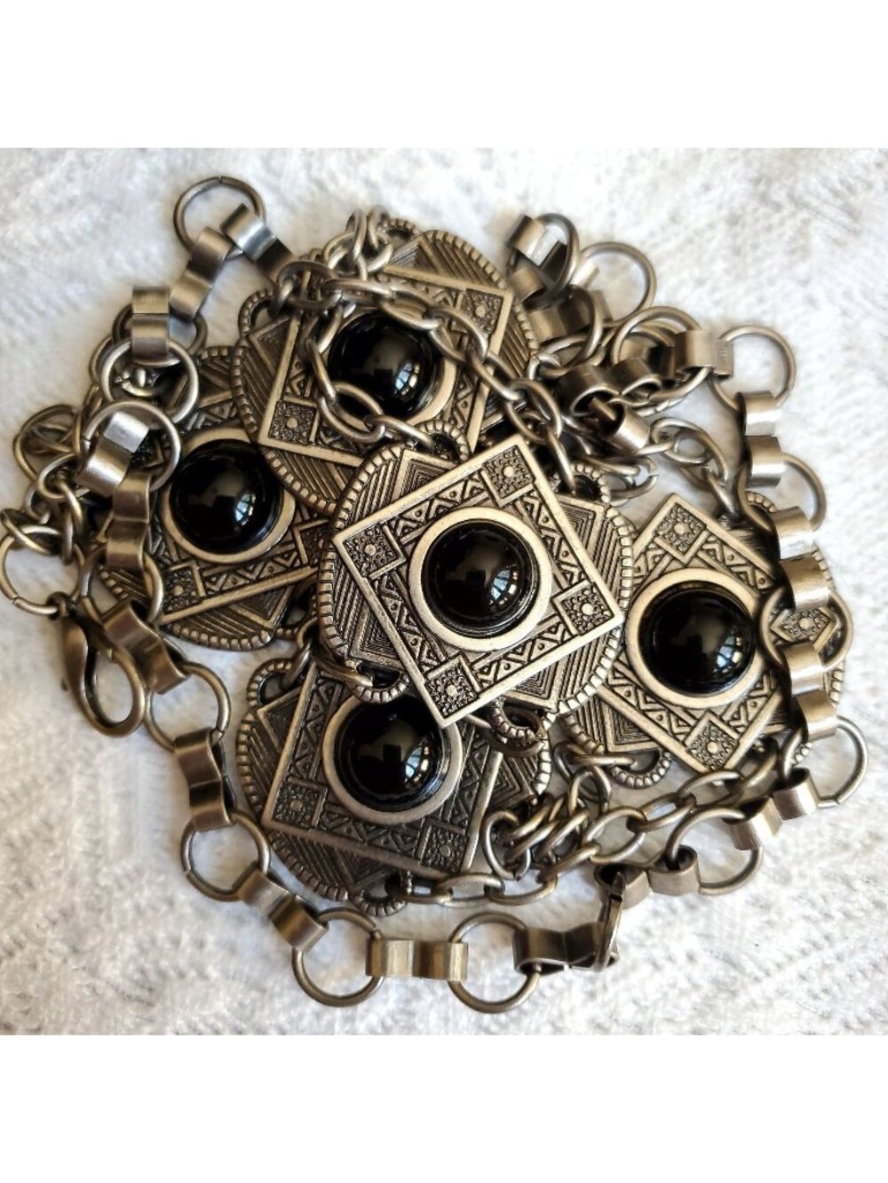 Vtg Gunmetal Medallion Chain Belt Ethnic Embossed Black Cabochon 22-40" Bohemian